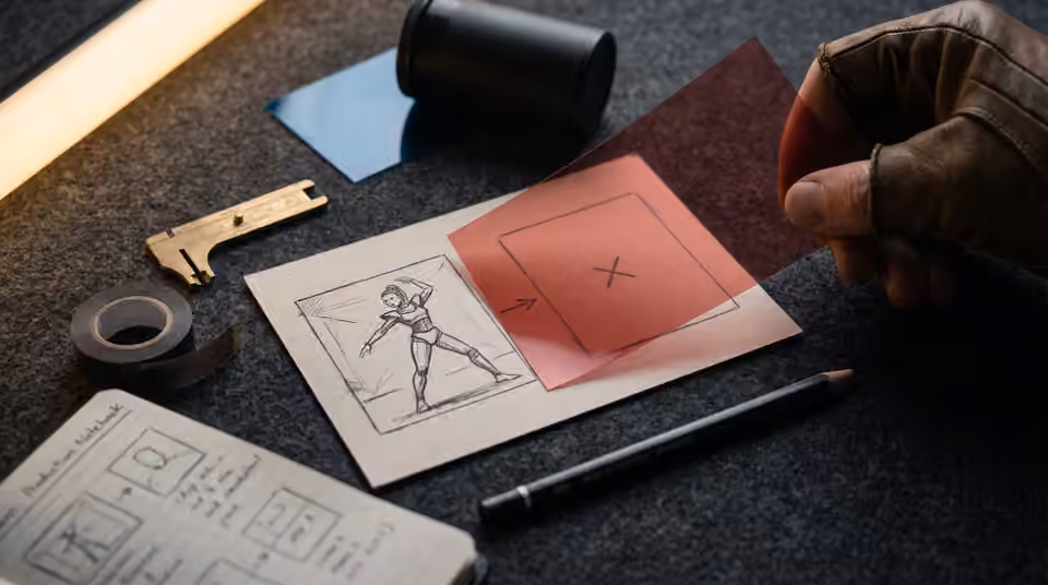 A transparent title area overlays a storyboard frame, an AI-generated editorial illustration