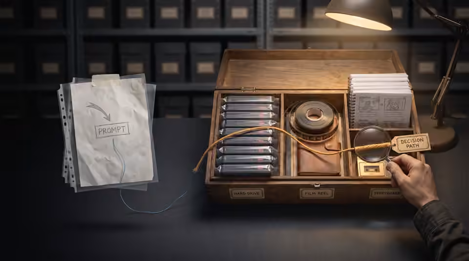 Media drawers with organised paper records, an AI-generated editorial illustration