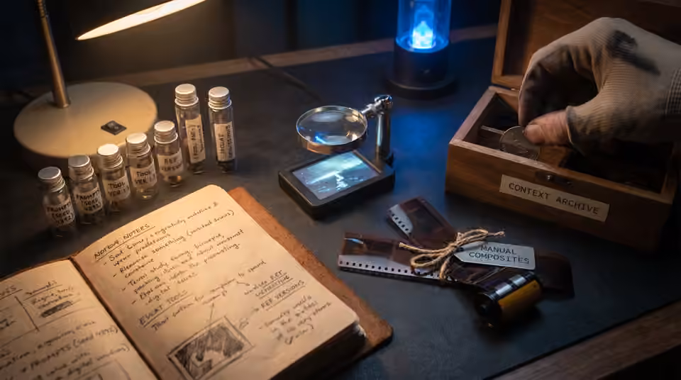 Labelled containers, drives and a notebook organise project records, an AI-generated editorial illustration