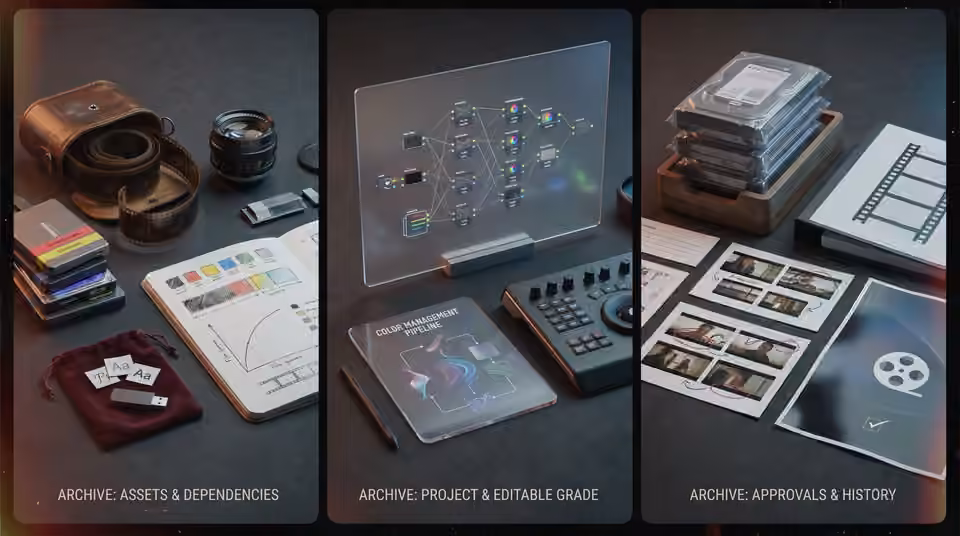 Three panels separate media, project files and approvals, an AI-generated editorial illustration