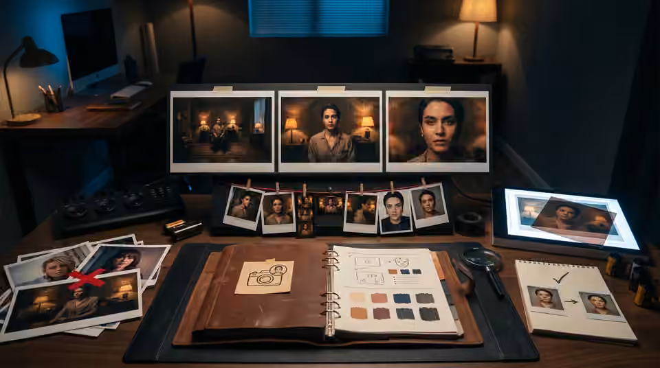 Three monitors compare portraits of the same fictional artist, an AI-generated editorial illustration