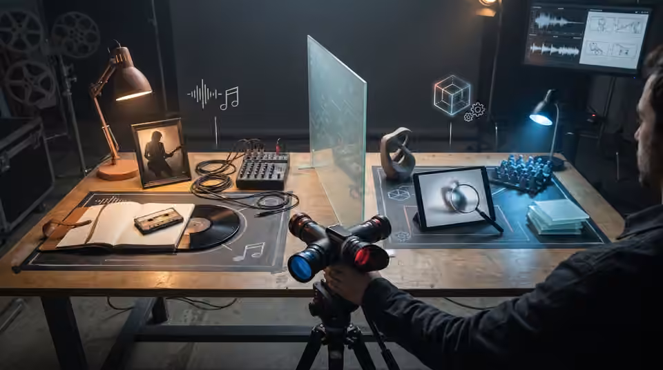 A brand product setup beside an art film setup, an AI-generated editorial illustration