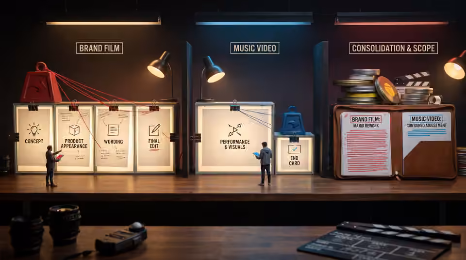 Three brief boards organise different production scopes, an AI-generated editorial illustration
