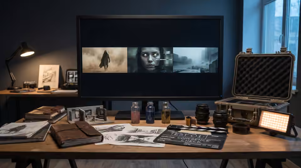 A production monitor with test frames and props, an AI-generated editorial illustration