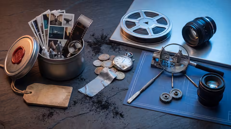 Coins and film reels beside test frames and production props, an AI-generated editorial illustration