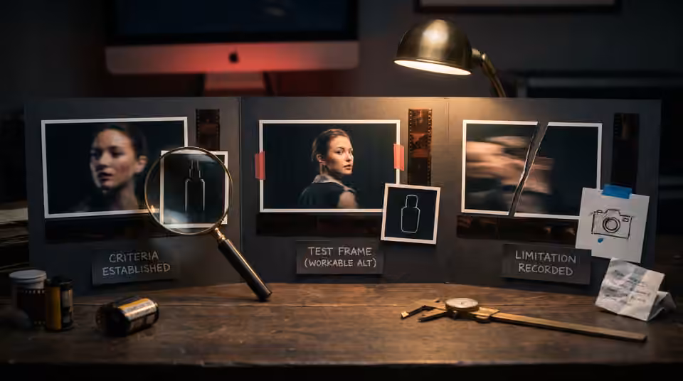 Three test boards examine identity, motion and lighting, an AI-generated editorial illustration