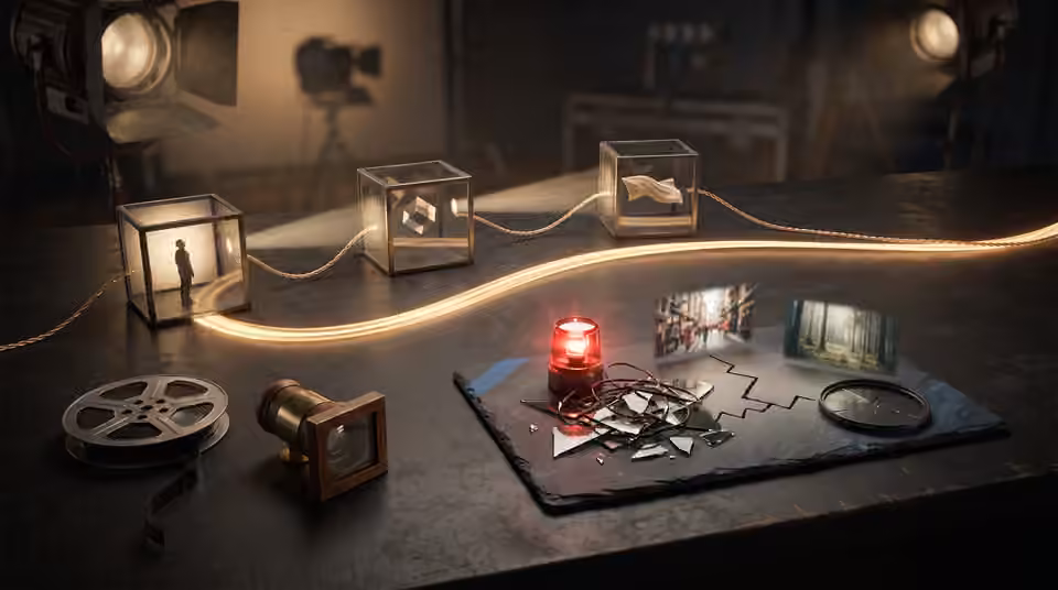 Curving light connects two miniature sets, an AI-generated editorial illustration