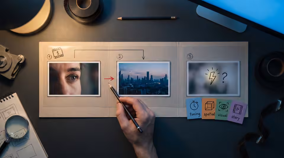 Three storyboards connect a portrait, a city and an electric light, an AI-generated editorial illustration