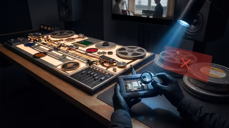 A tablet, film strip and headphones prepared for review, an AI-generated editorial illustration