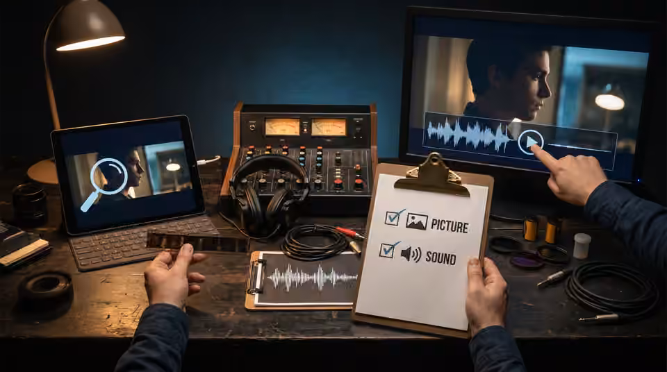 A monitor, headphones and checklist separate picture and sound review, an AI-generated editorial illustration