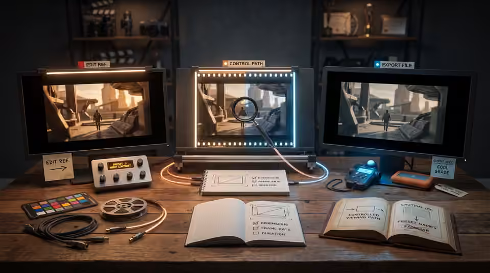Three screens organise an approved render and handoff, an AI-generated editorial illustration