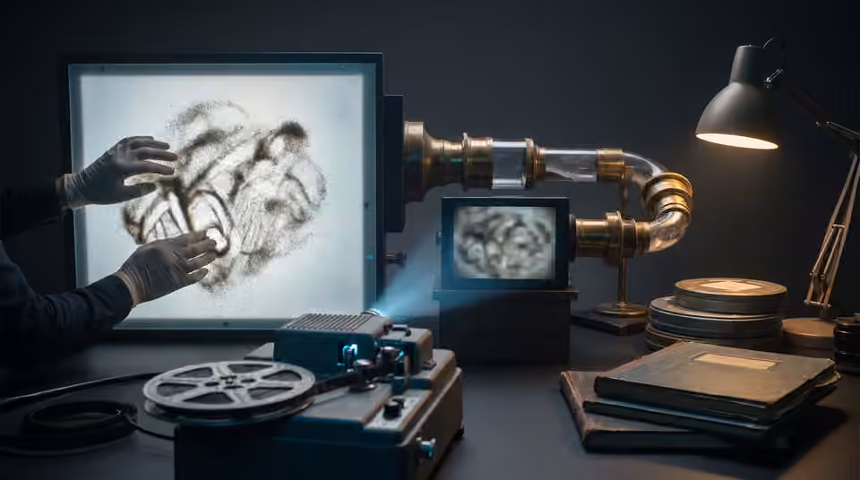 A film portrait projected for close inspection, an AI-generated editorial illustration
