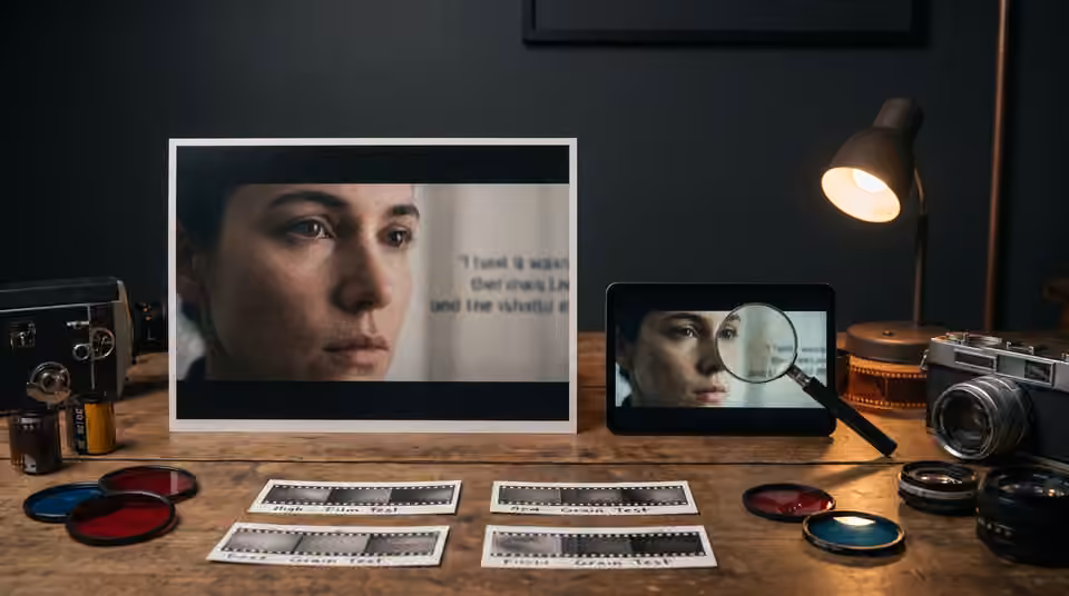A portrait on a monitor and phone compared under magnification, an AI-generated editorial illustration