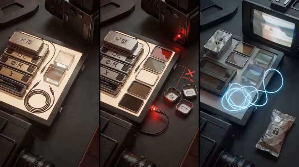 Three settings boards represent different image processing choices, an AI-generated editorial illustration
