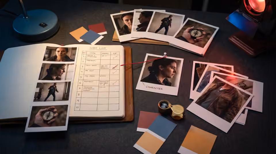 A clipboard contact sheet organises portrait poses, an AI-generated editorial illustration