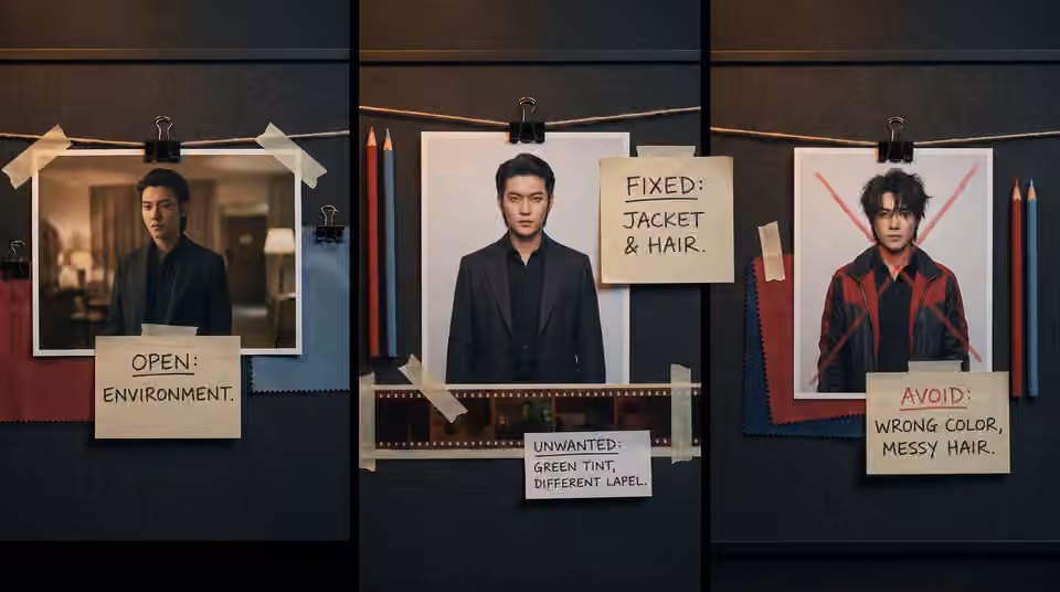 Three reference boards compare portrait, environment and wardrobe, an AI-generated editorial illustration
