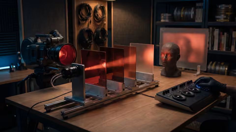 A red projector shining through a filter, an AI-generated editorial illustration