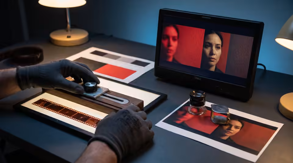 Red-lit skin reference cards beside a grading monitor, an AI-generated editorial illustration