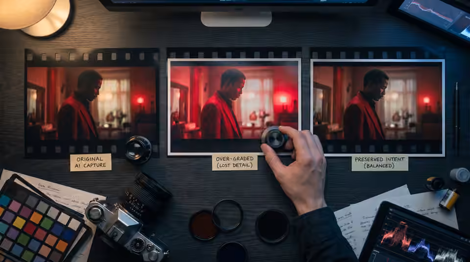 Three frames compare red lighting treatments, an AI-generated editorial illustration