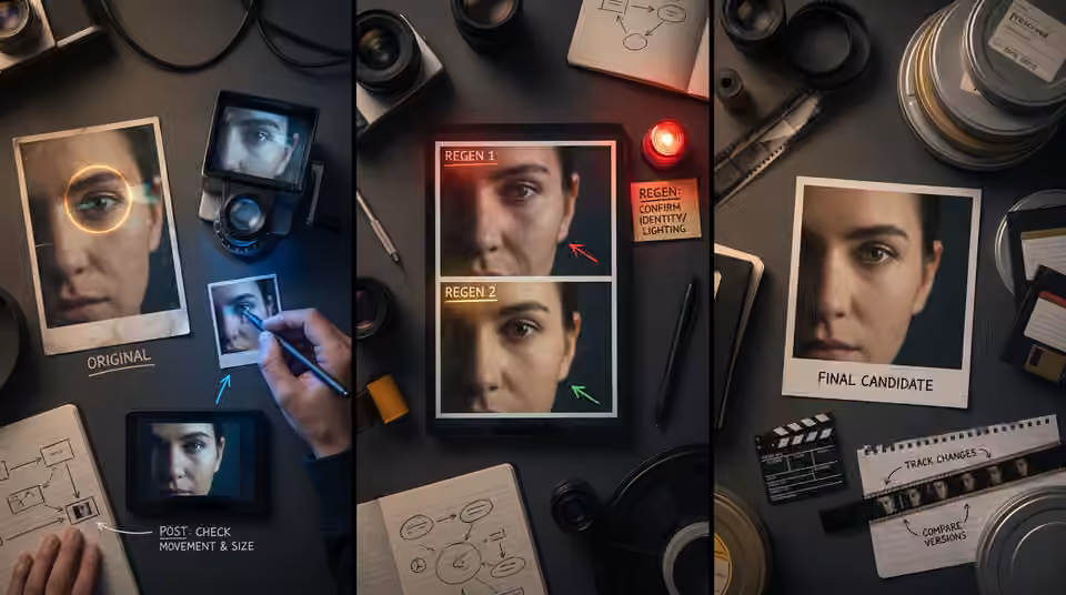Three portrait panels compare possible repairs, an AI-generated editorial illustration