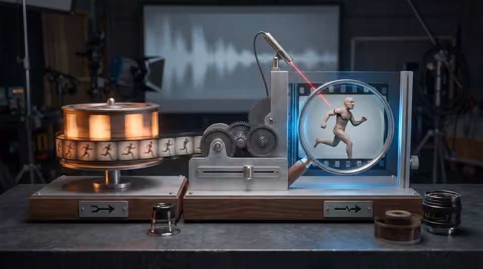 A runner figurine in a motion study rig, an AI-generated editorial illustration