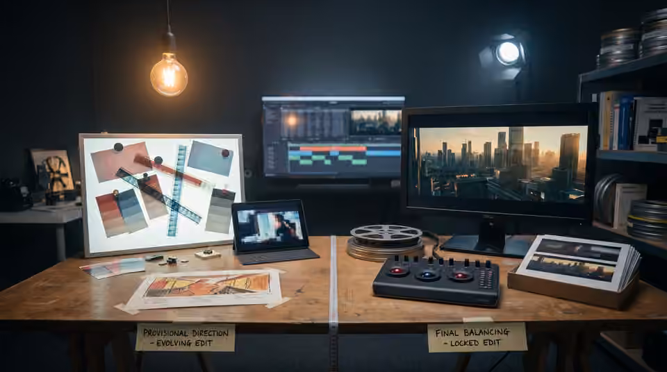 A production desk with a look board and edit timeline, an AI-generated editorial illustration
