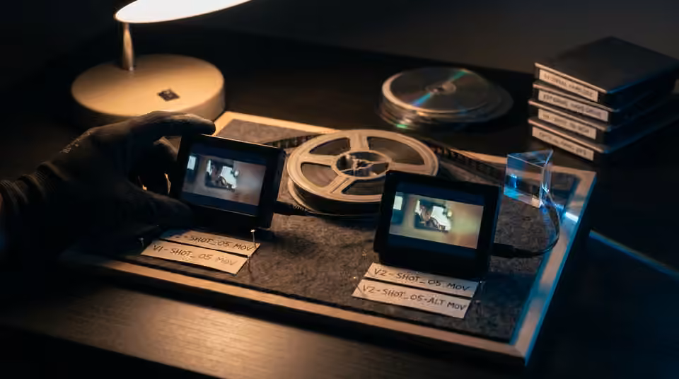 Two grading monitors with printed look references, an AI-generated editorial illustration