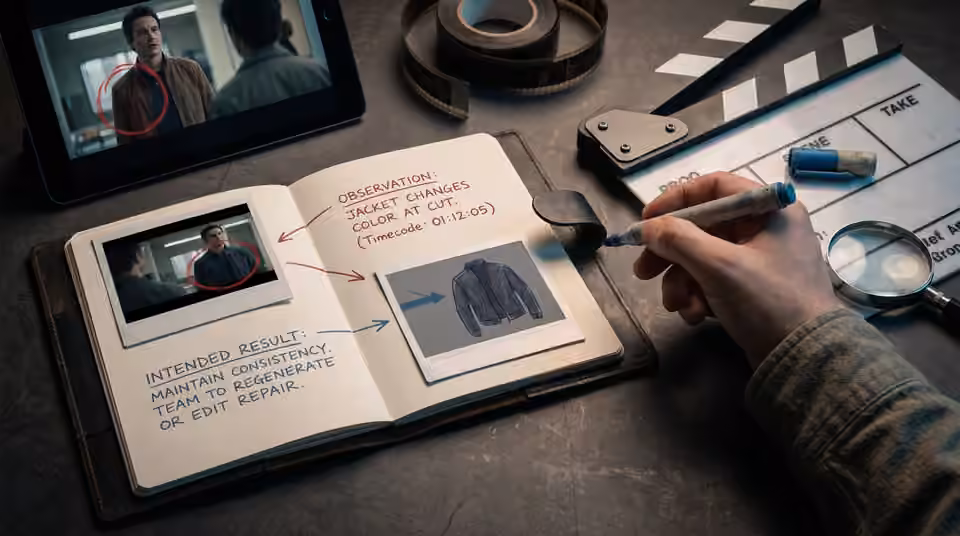 A notebook organises timecoded notes beside a clapperboard, an AI-generated editorial illustration