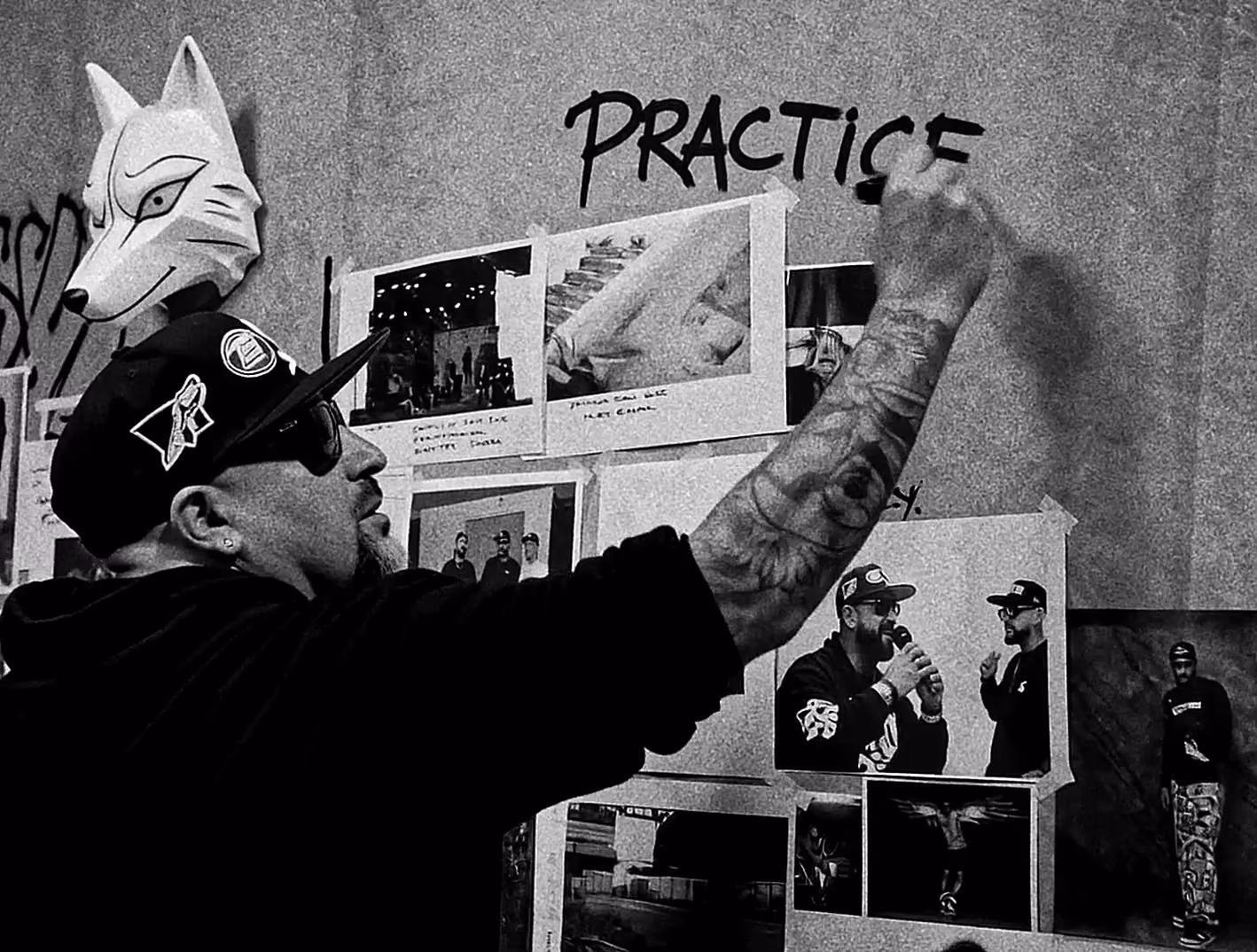B-Real painting Practice above a wall of visual references