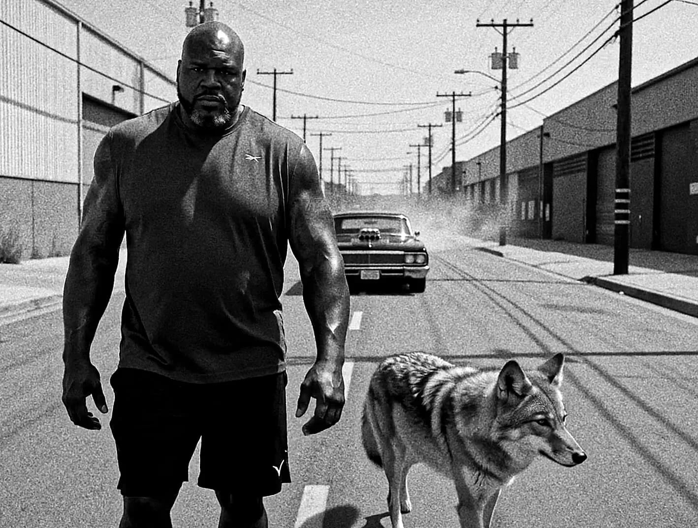 Shaquille O’Neal and a wolf inside the monochrome Practice visual world